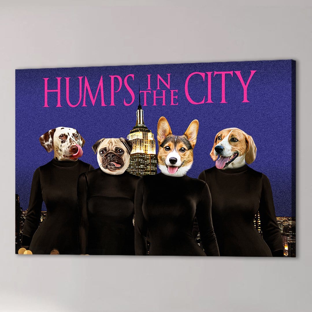 Personalized "Humps in the City" canvas featuring four pets in black turtlenecks against a purple NYC skyline.