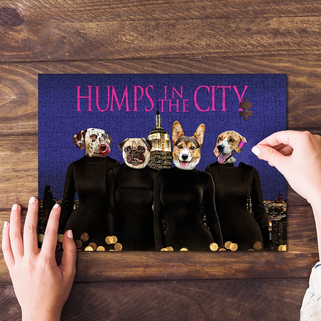 Personalized "Humps in the City" pet puzzle featuring four dogs in black outfits on a purple background.