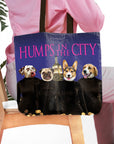 Personalized 4-pet tote bag with custom dog portraits in "Humps in the City" style.