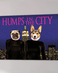 Lienzo personalizado con 2 mascotas 'Jorobas en la ciudad'