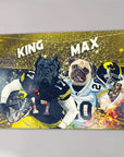 Personalized canvas featuring a black Cane Corso and a pug in Iowa Hawkeyes football uniforms.