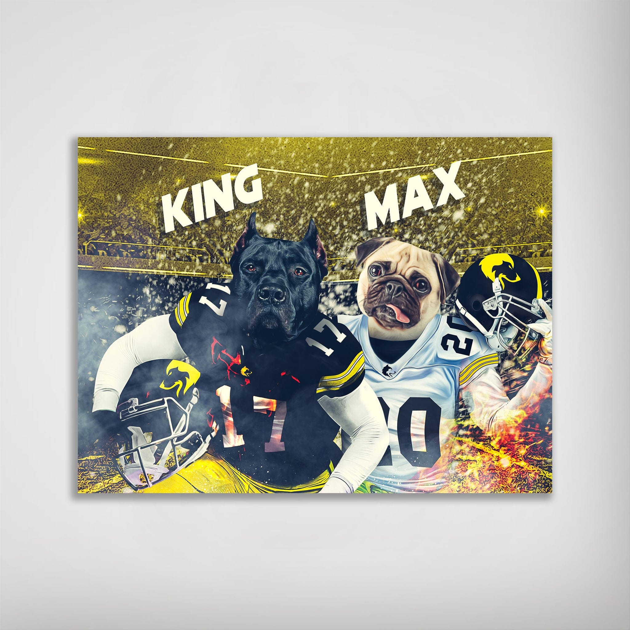 Personalized matte poster featuring two pets, a black dog and a pug, in Iowa Hawkeyes football uniforms.