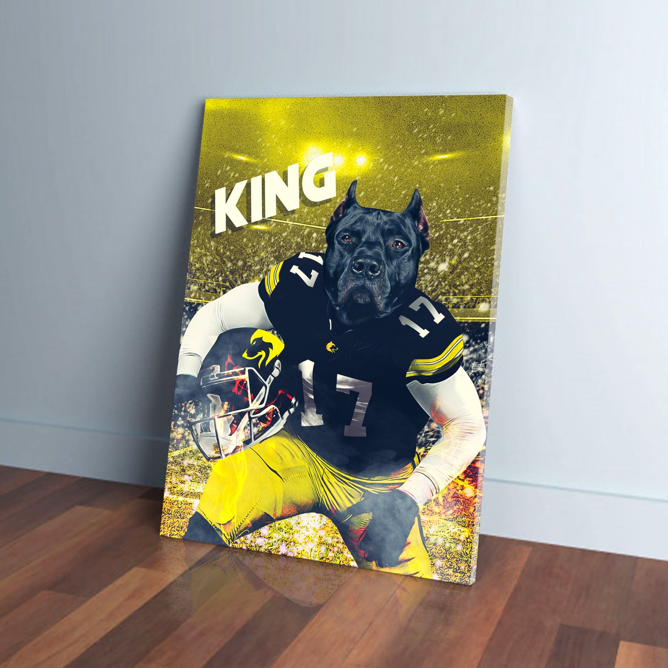 Custom pet canvas featuring a black dog in a black and yellow football uniform with "KING" text.