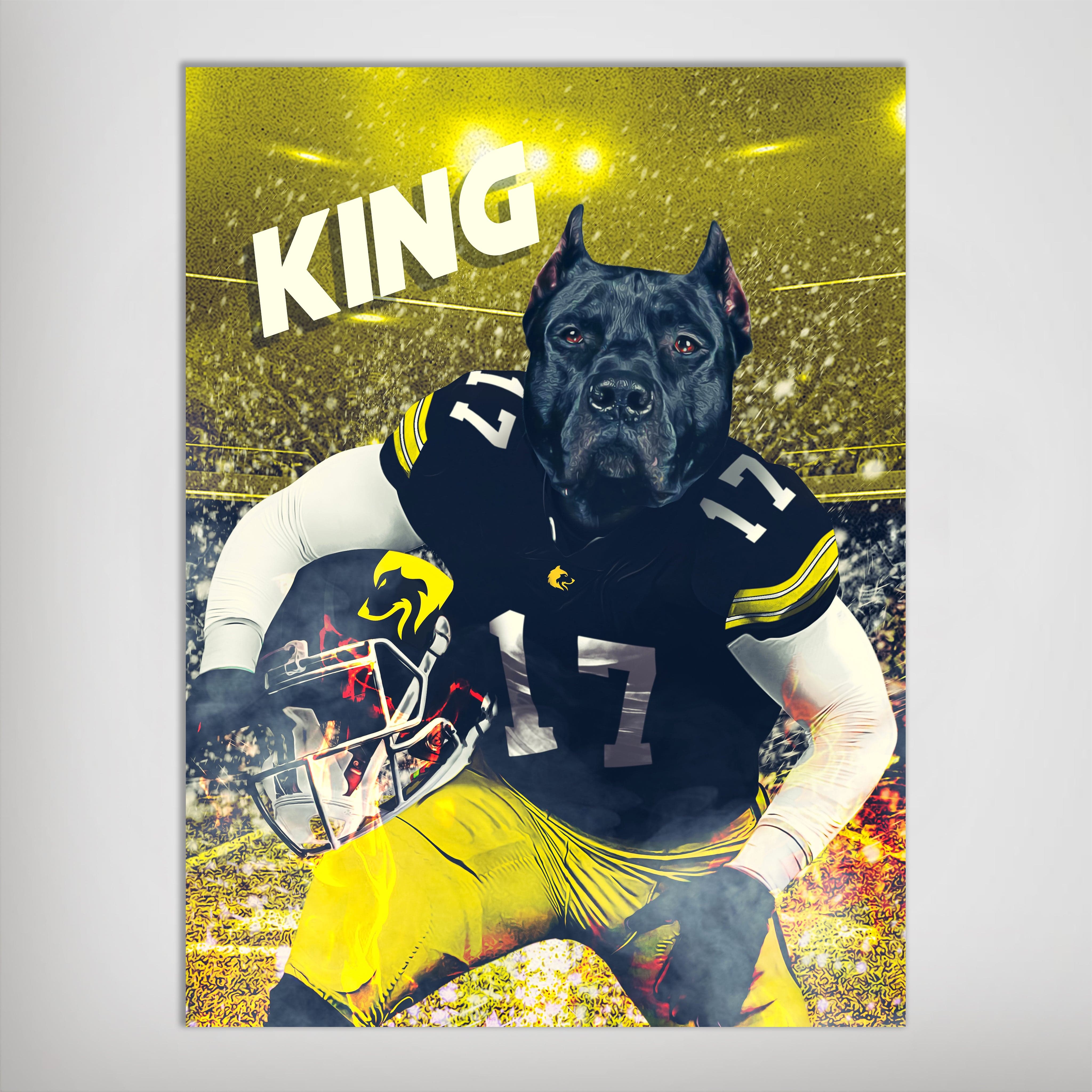 Personalized matte poster featuring a black dog in a football uniform with "KING" text, against a yellow stadium background.