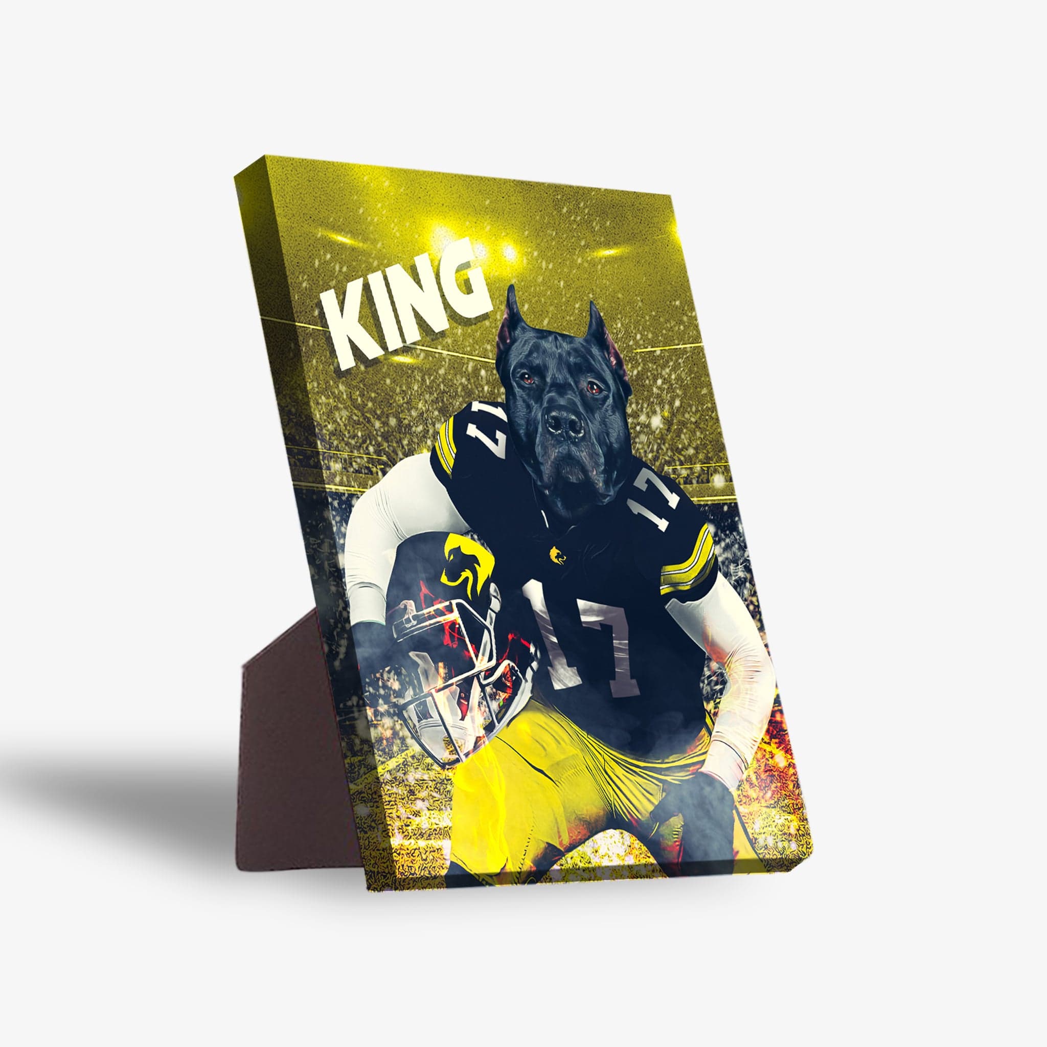 Personalized pet standing canvas featuring a black dog in a black and yellow football uniform, with "KING" text.