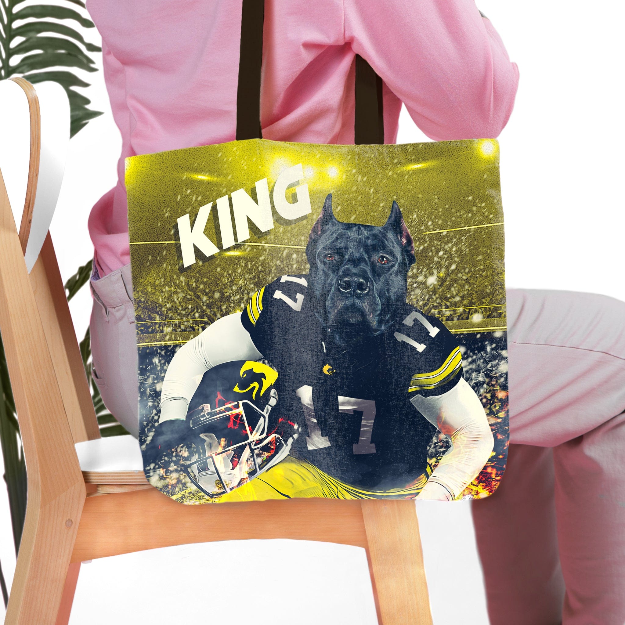 Personalized tote bag with a custom pet portrait of a black dog in a football uniform, "KING" text.