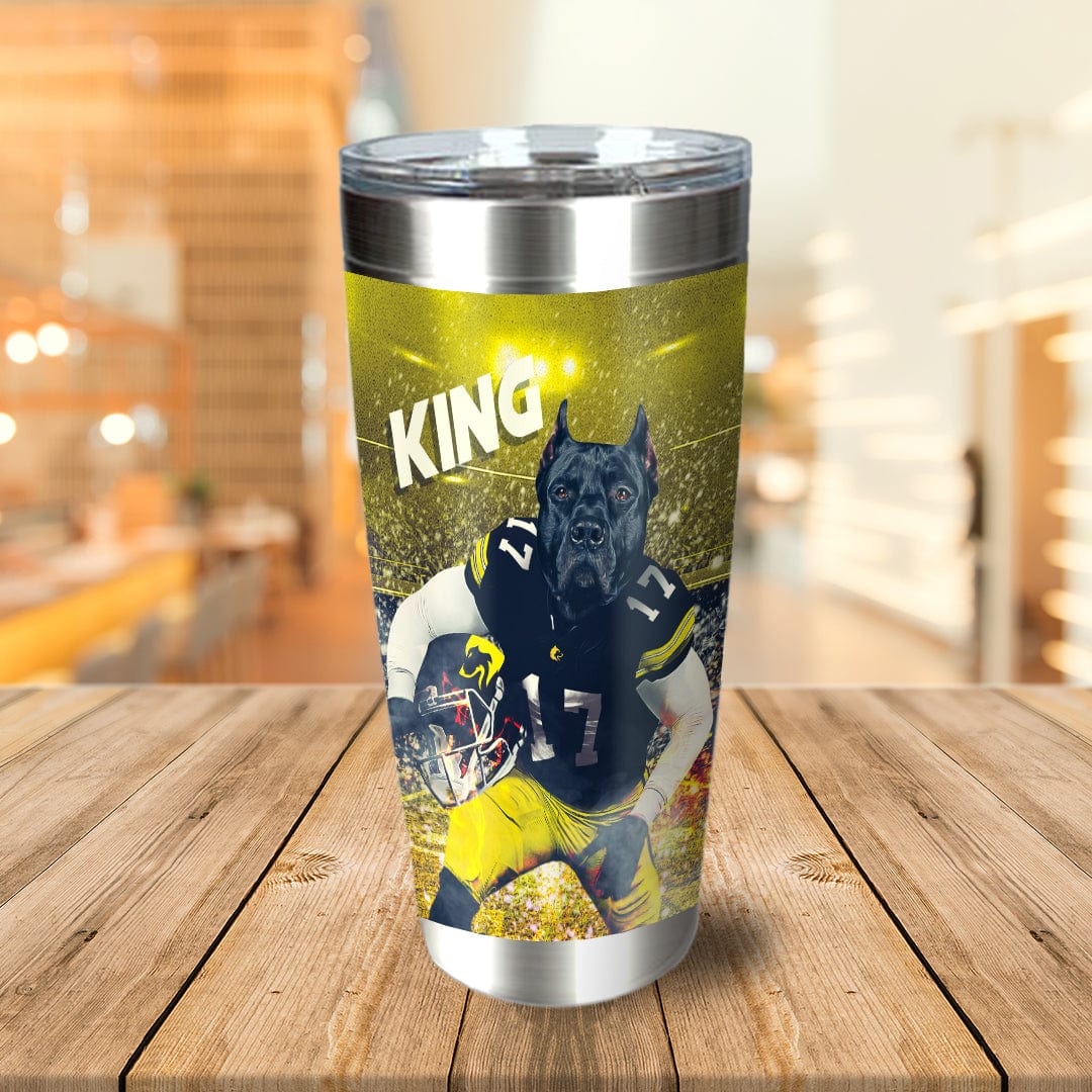 Personalized stainless steel tumbler with a custom dog portrait as a football player, "KING" text, and yellow stadium background.