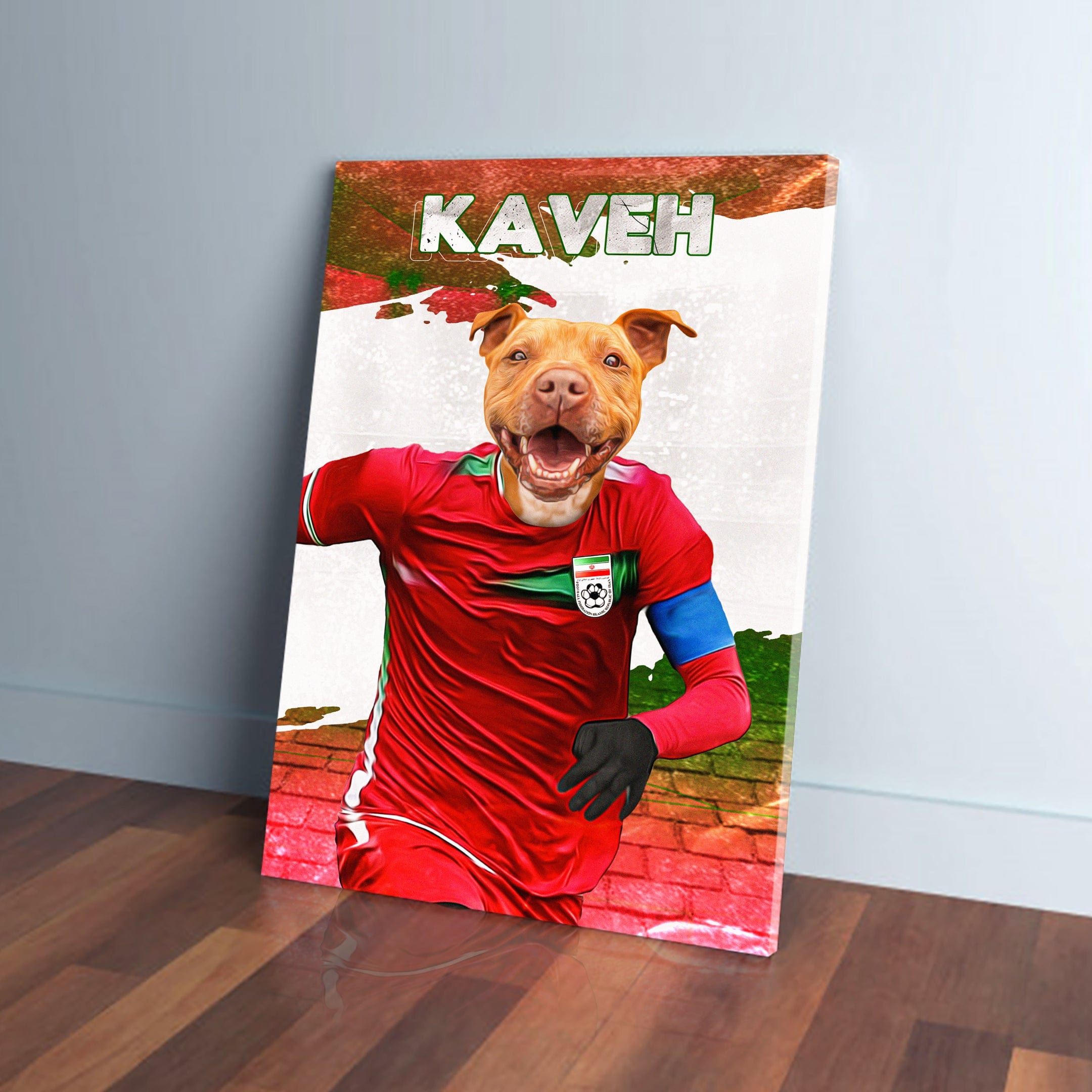 Personalized canvas of a pit bull in a red Iran soccer jersey, with "KAVEH" above.