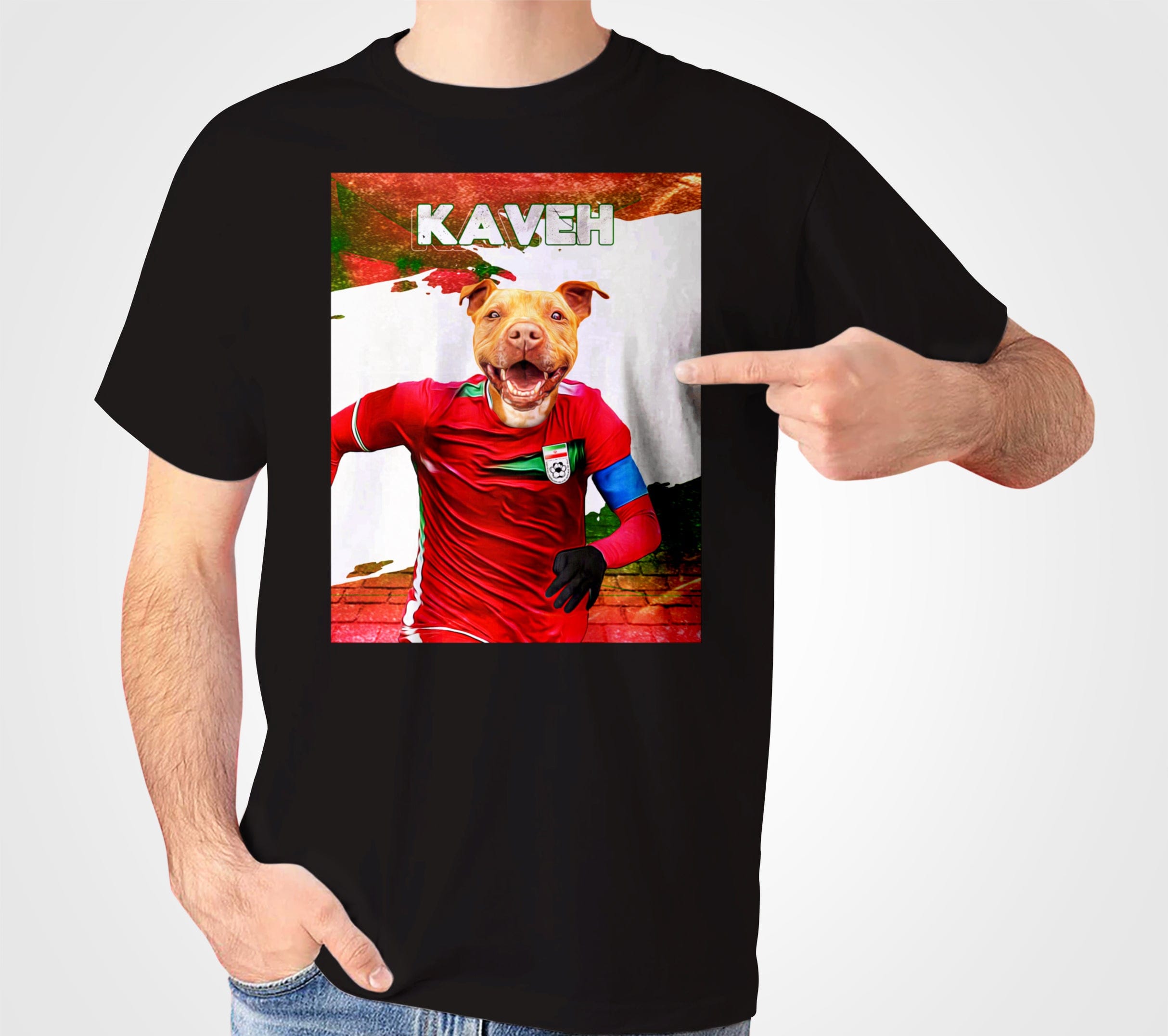 Black Gildan t-shirt featuring a personalized pit bull dog in a red soccer jersey with "KAVEH" above.