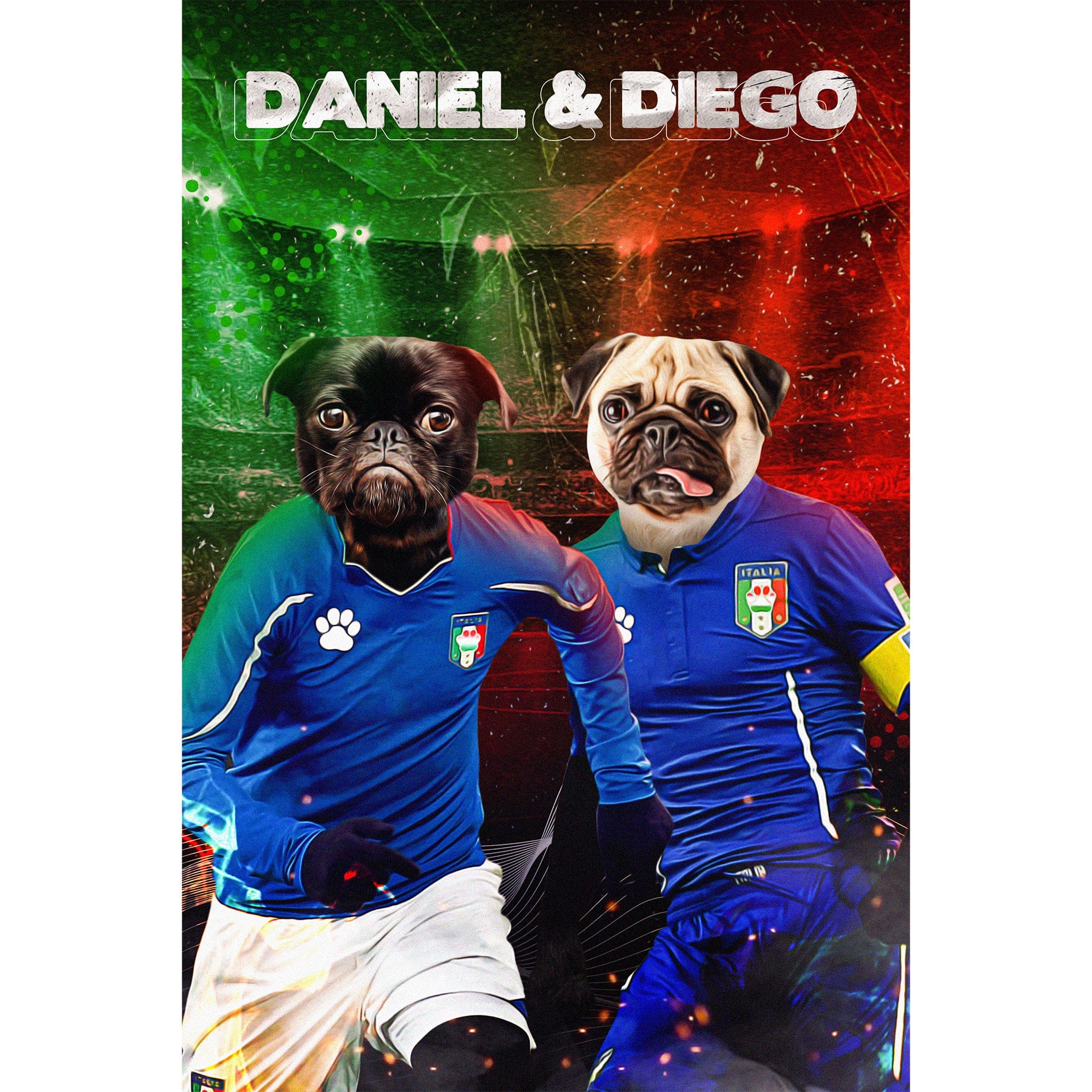 Personalized digital portrait of two pugs in blue Italy soccer jerseys, named Daniel & Diego.
