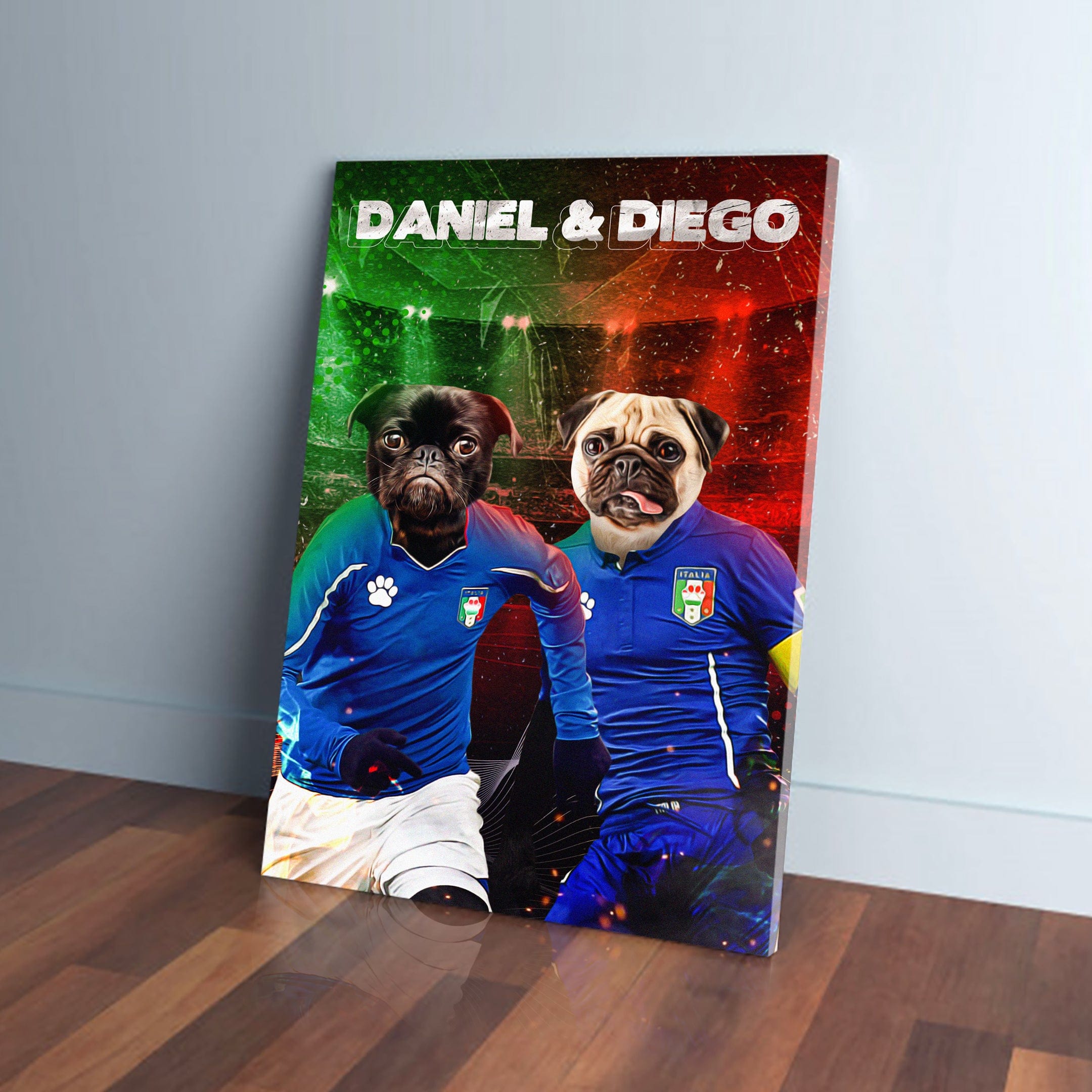 Personalized canvas of two pugs in blue Italian soccer jerseys against a red and green stadium backdrop.
