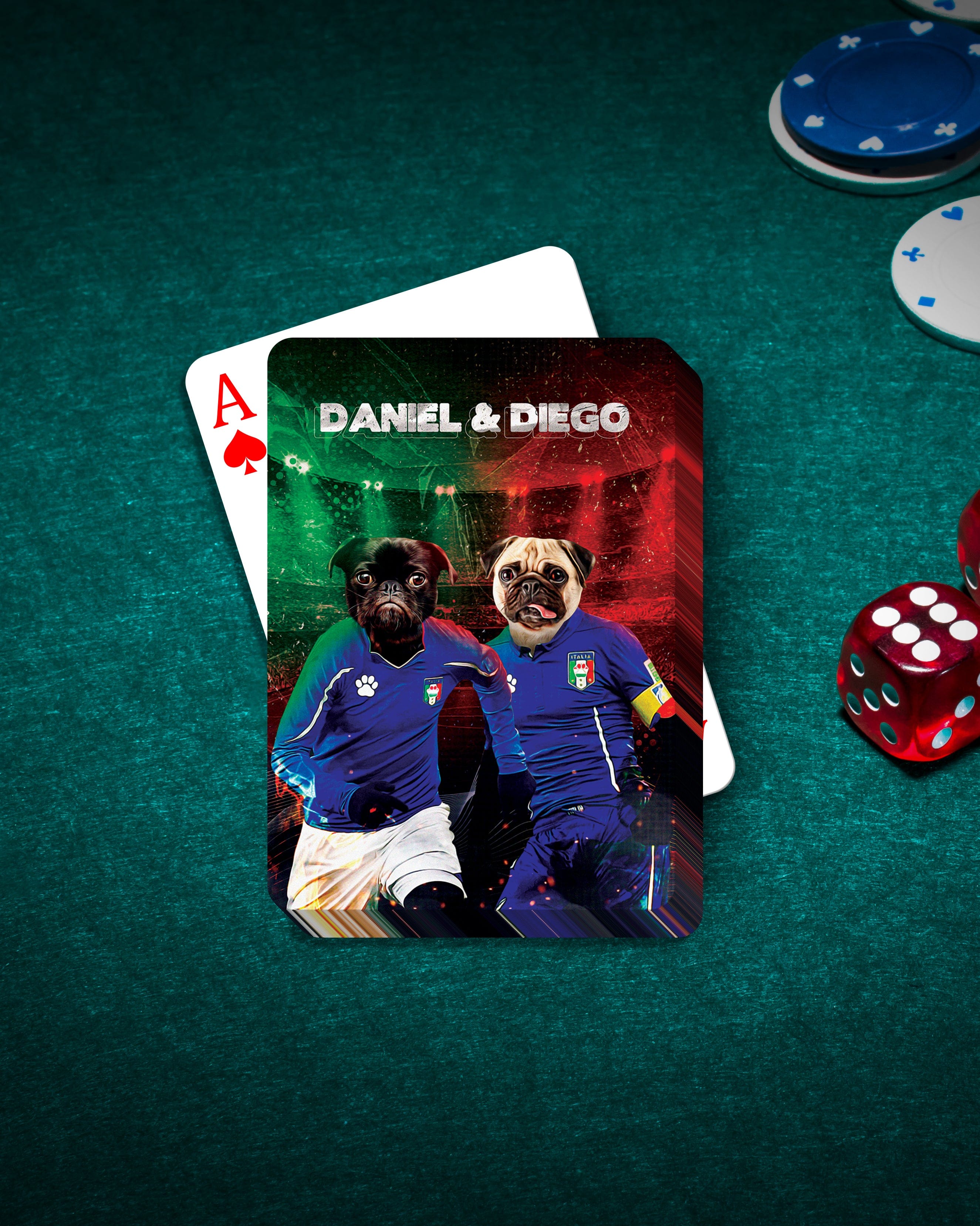 Personalized playing cards featuring two pugs in soccer uniforms, "Daniel & Diego," on a green poker table.