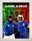 Personalized 'Italy Doggos' poster featuring two pets in blue soccer jerseys against a red and green background.