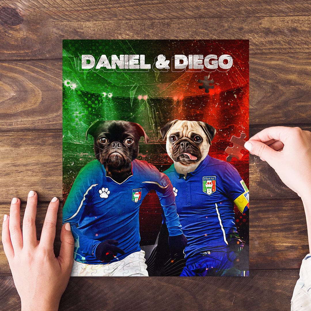 Personalized 2-pet puzzle featuring two pugs in blue soccer jerseys on a red and green background.