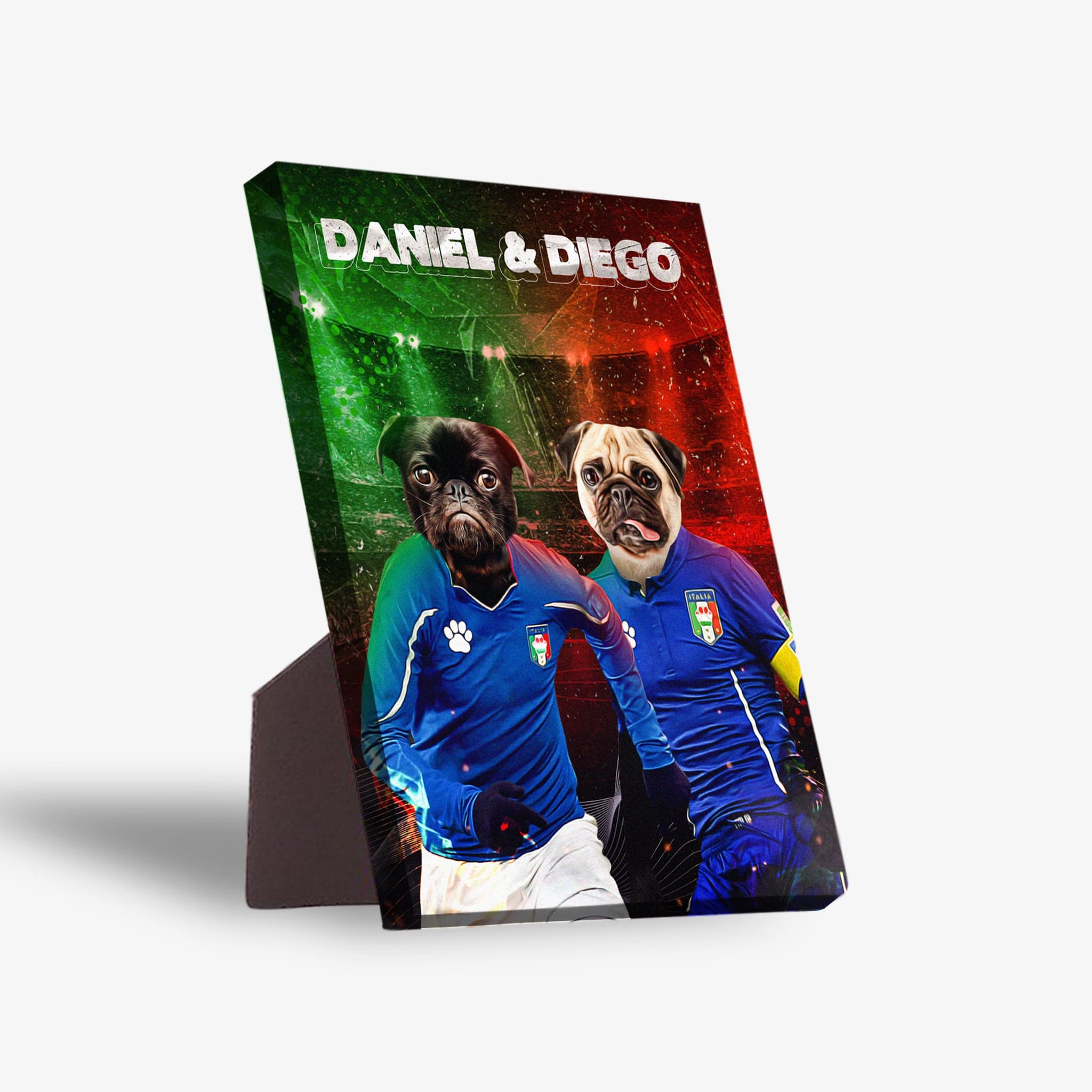 Personalized standing canvas featuring two pugs in blue Italy soccer jerseys, with "DANIEL & DIEGO" text.