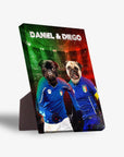 Personalized standing canvas featuring two pugs in blue Italy soccer jerseys, with "DANIEL & DIEGO" text.