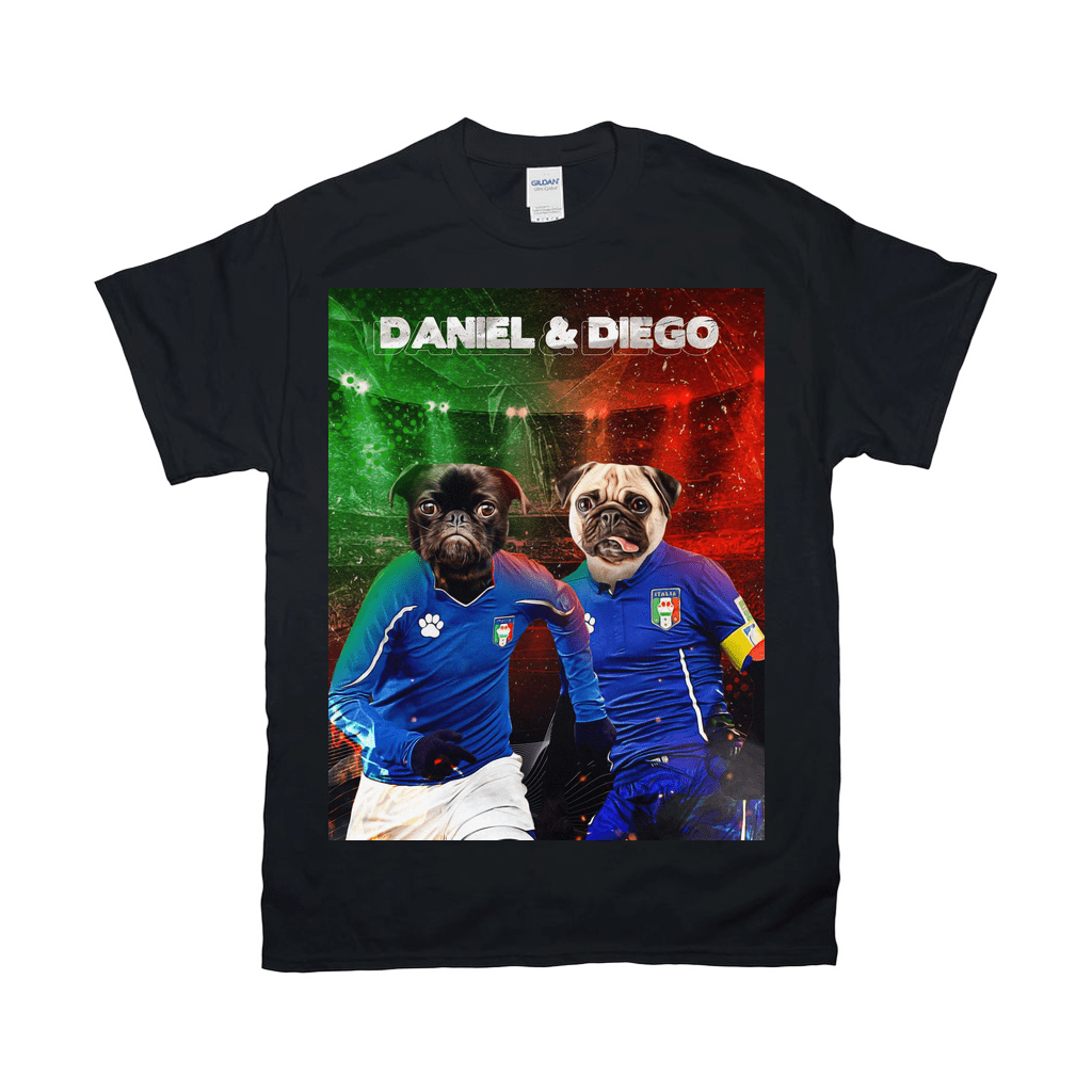 Black Gildan t-shirt with two pugs in blue Italian soccer jerseys, personalized with "DANIEL & DIEGO".