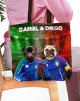 Personalized 'Italy Doggos' tote bag with two pug pet portraits in blue soccer jerseys.