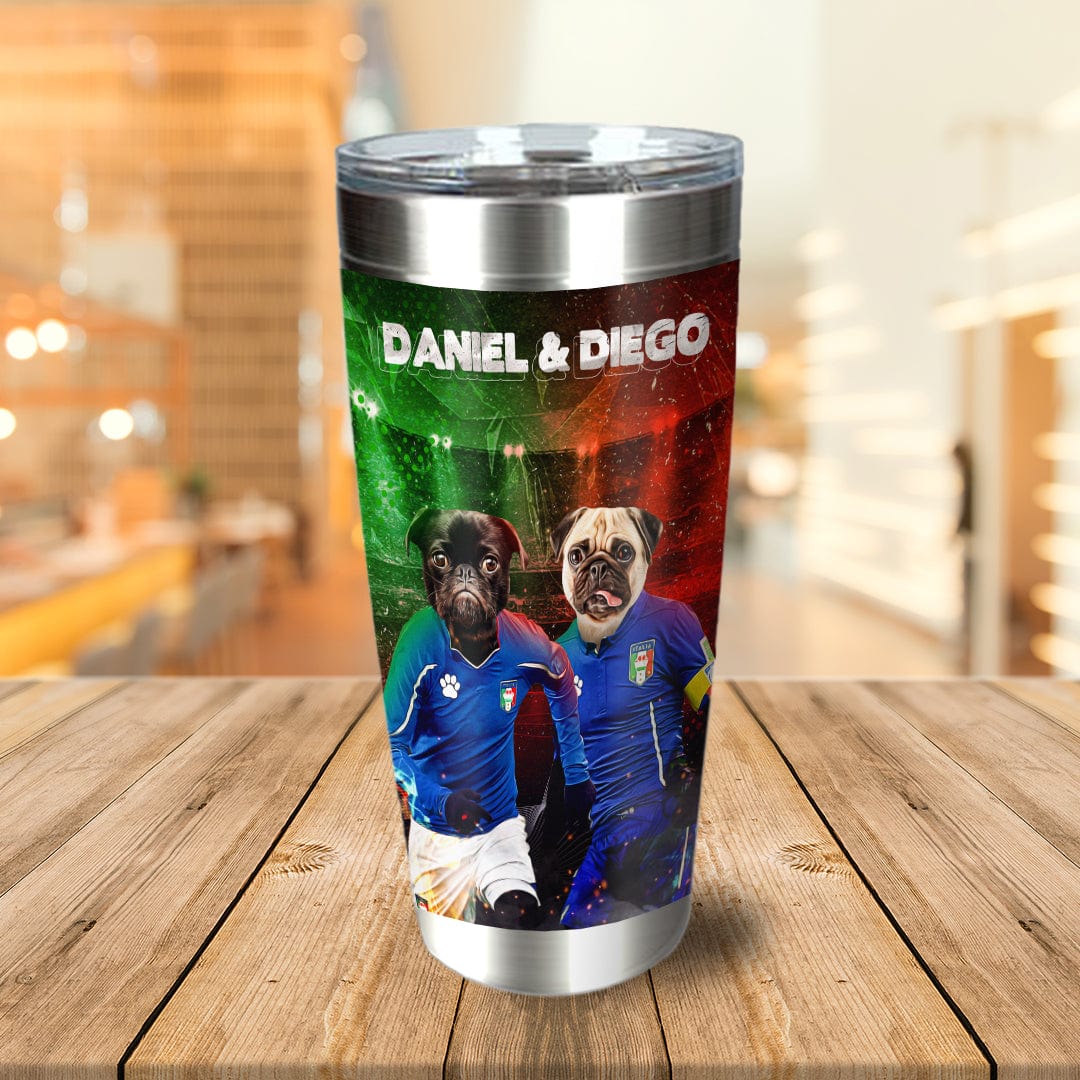 Personalized stainless steel tumbler with two pugs in Italian soccer jerseys, set against a red and green background.
