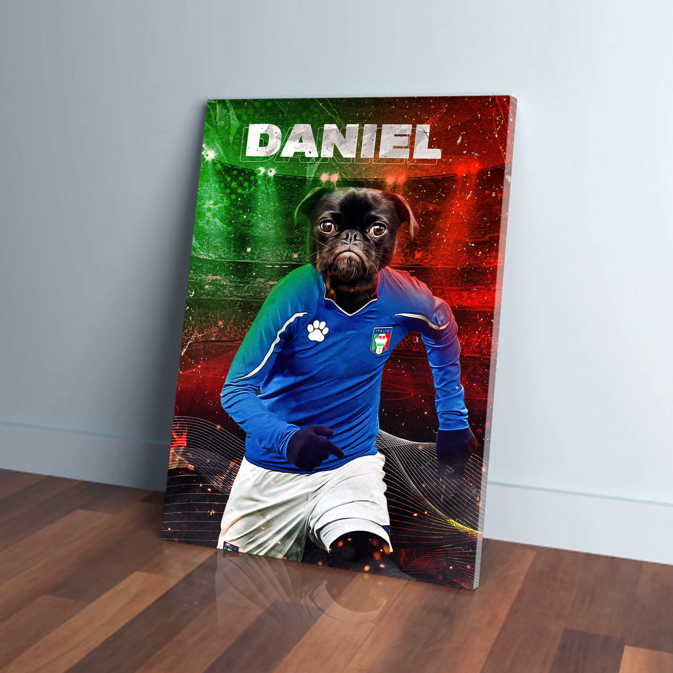 Personalized pet canvas featuring a black pug in an Italy soccer uniform, with "DANIEL" at the top.