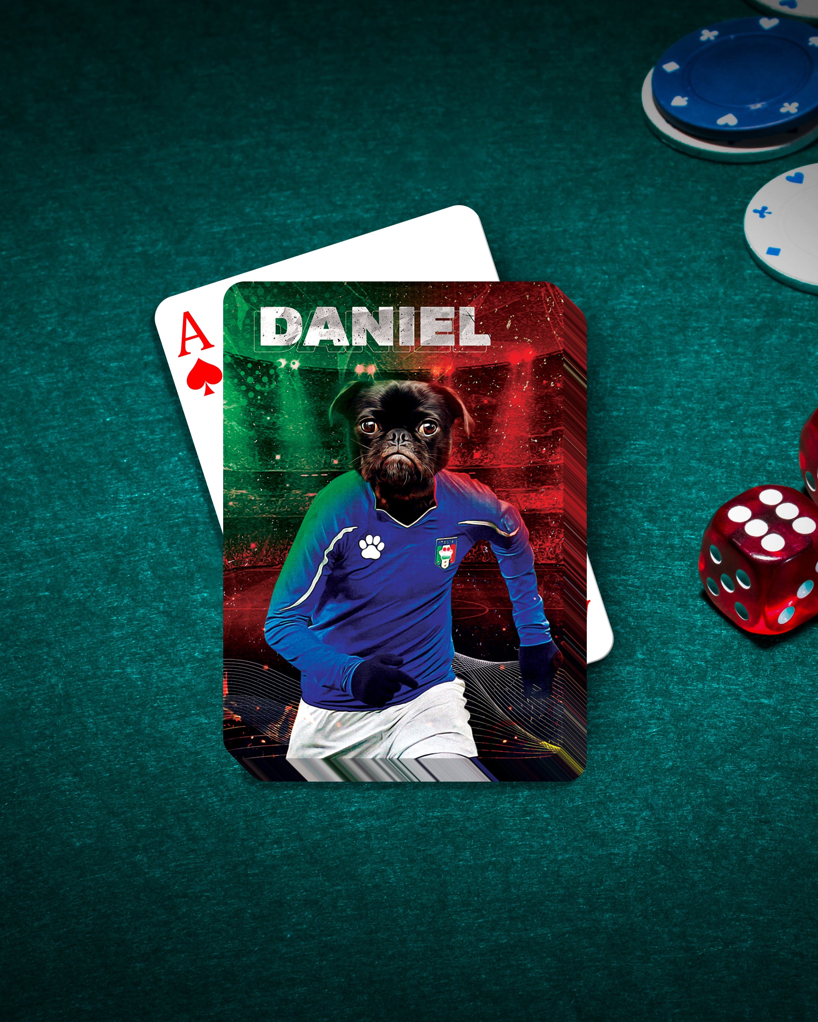 Personalized playing card featuring a black pug in an Italy soccer uniform, named DANIEL.