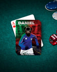 Personalized playing card featuring a black pug in an Italy soccer uniform, named DANIEL.