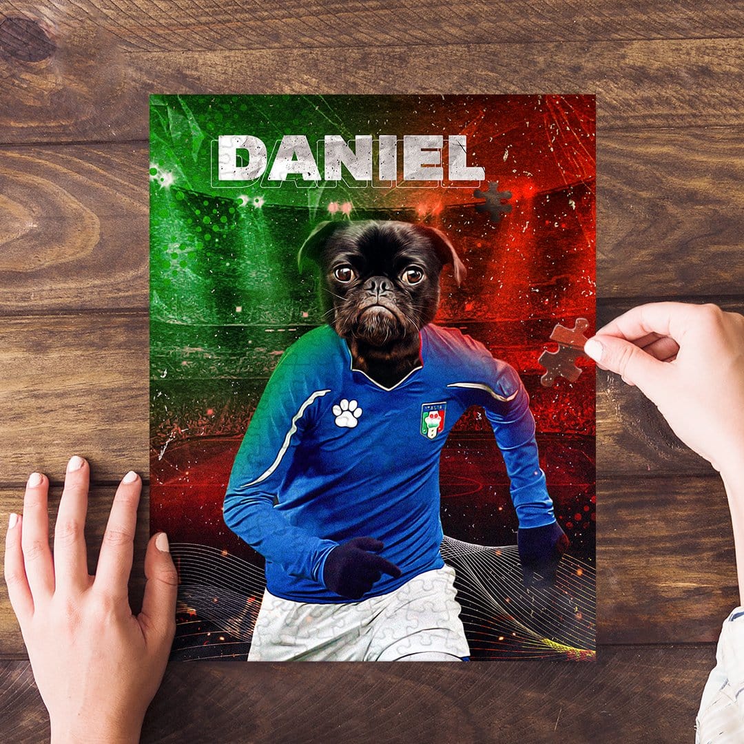 Personalized pet puzzle featuring a Brussels Griffon dog in an Italy soccer uniform, with a red and green background.