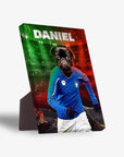 Personalized pet canvas featuring a Brussels Griffon dog in an Italy soccer uniform with a red and green background.