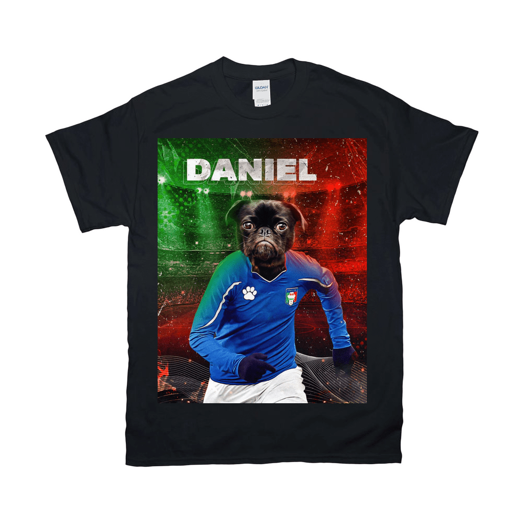 Black Gildan t-shirt with a personalized design featuring a pug in an Italian soccer uniform.