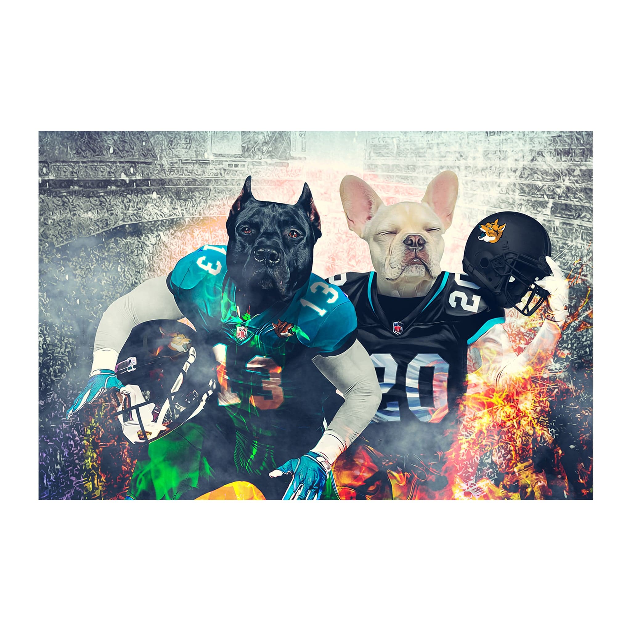 Custom digital portrait of two pets as football players in Jacksonville Doggos jerseys.