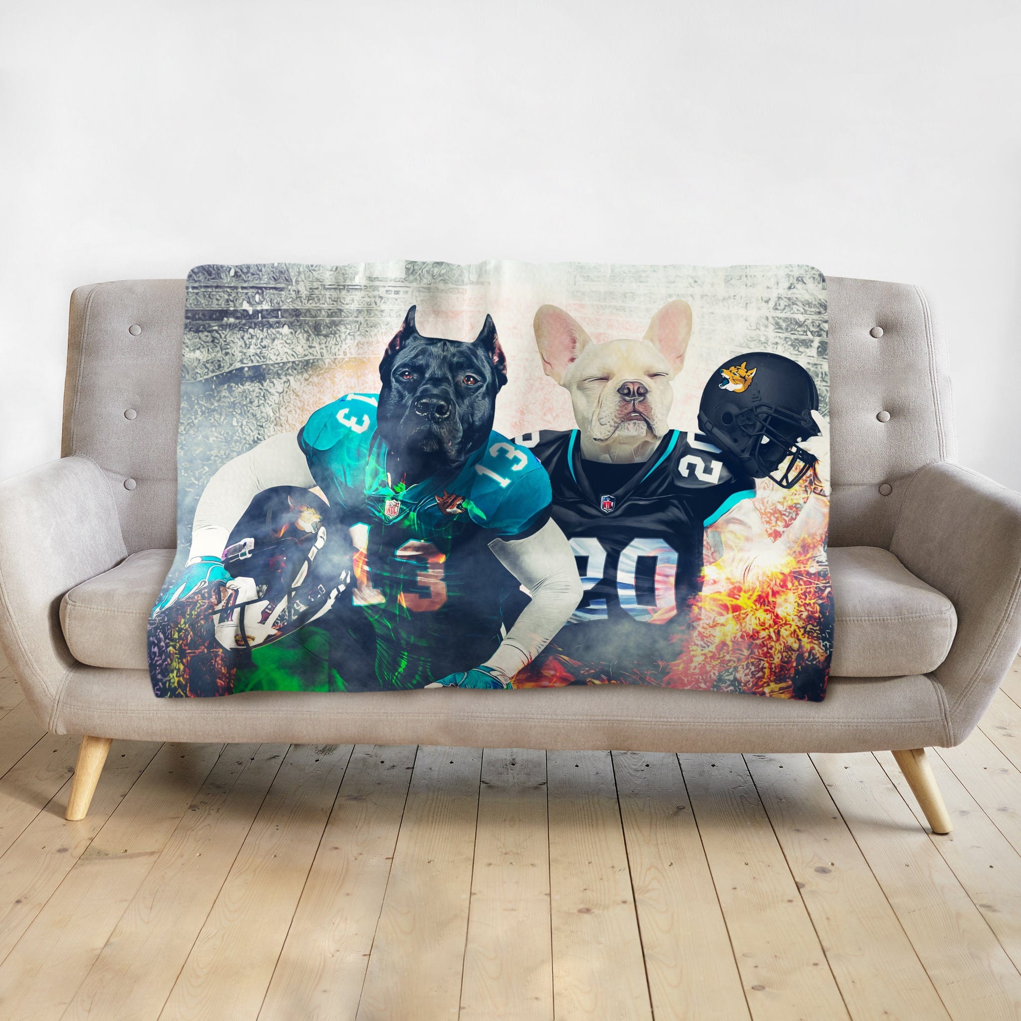 Personalized 2 pet blanket with Doggovinci portraits of a black Cane Corso and a cream French Bulldog in football uniforms.