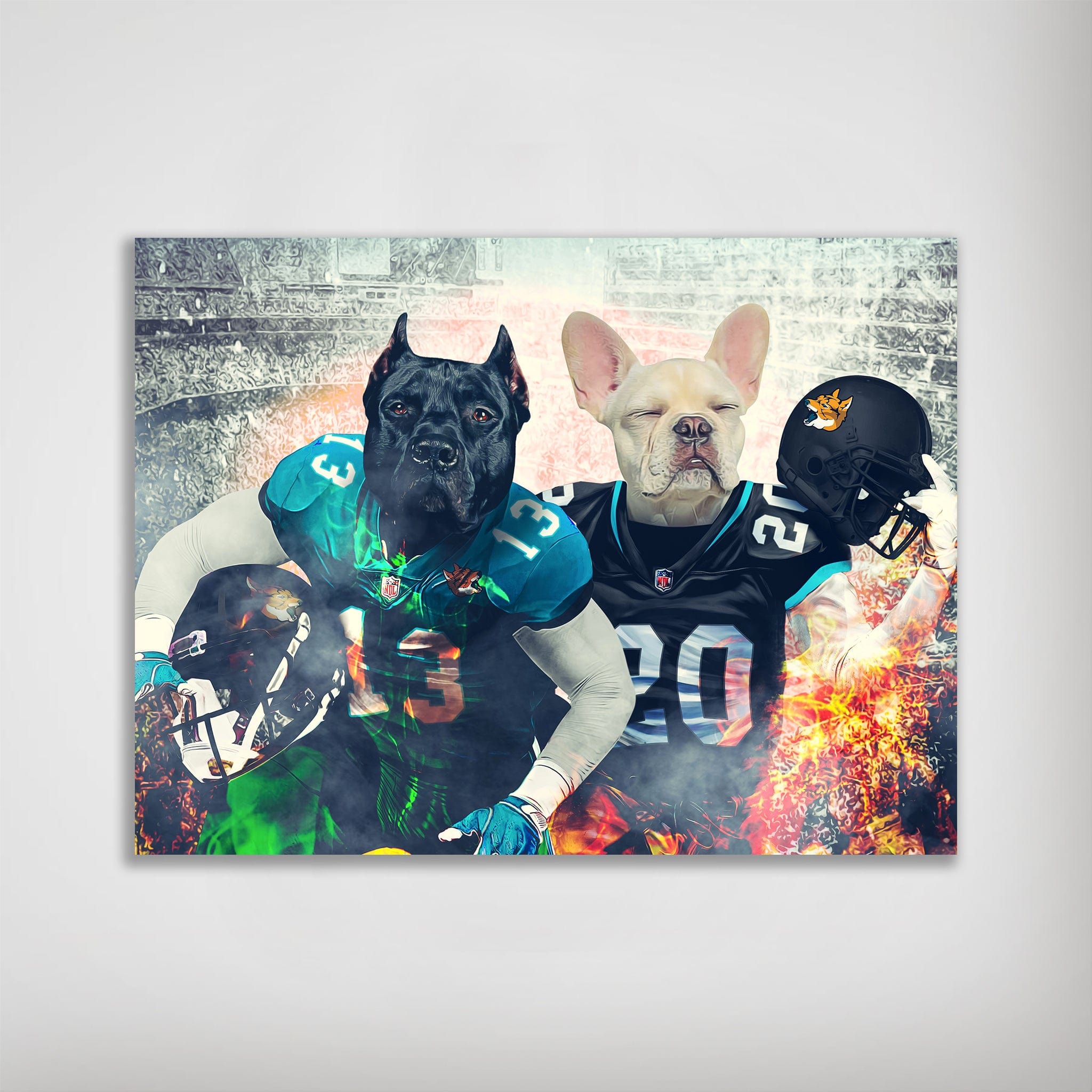 Personalized matte poster featuring two pets as football players in Jacksonville Doggos jerseys.
