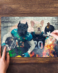 Personalized 2 pet puzzle featuring two dogs in football uniforms, one black and one white, on a wooden table.