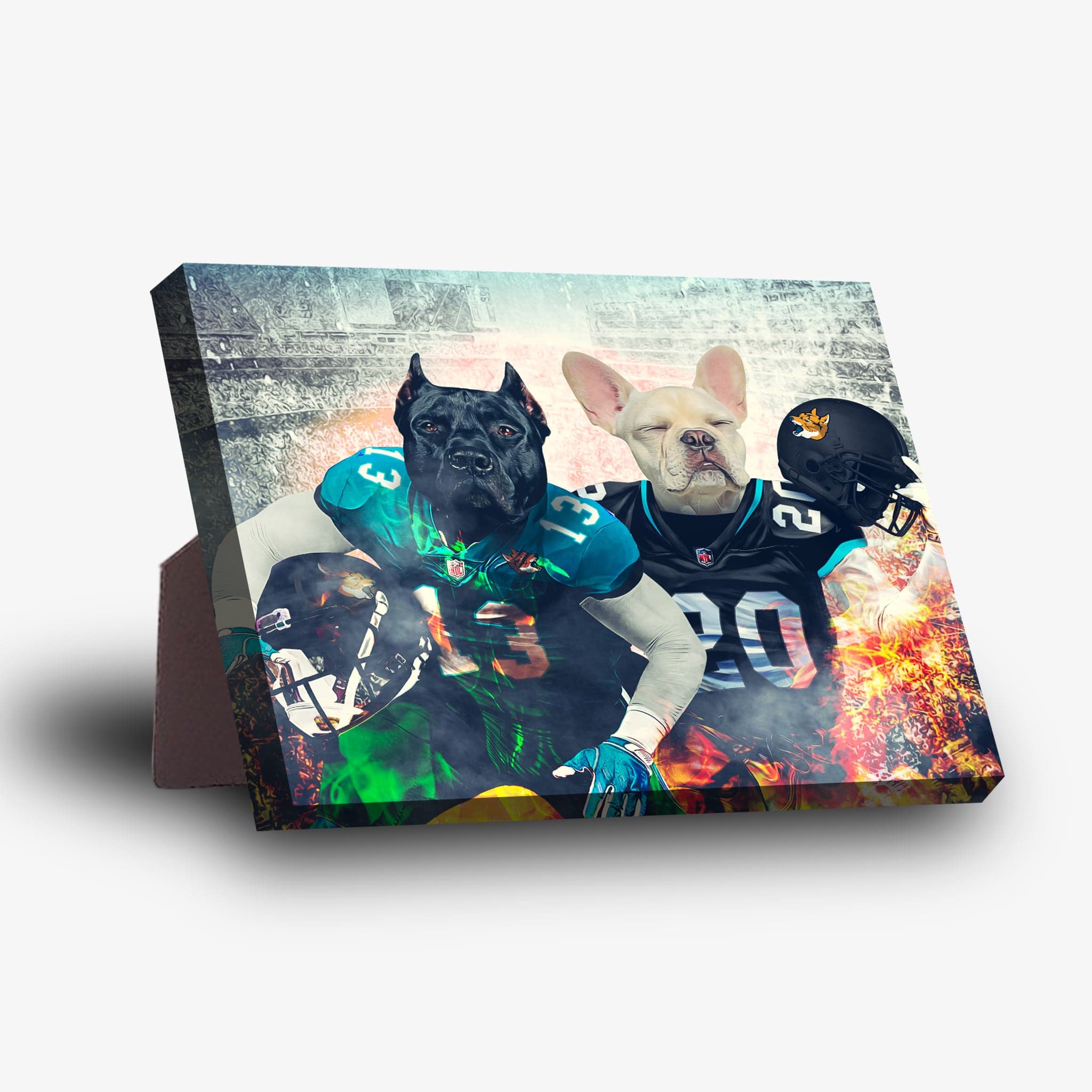 Personalized 2-pet standing canvas featuring a black dog and a cream French bulldog in football jerseys.
