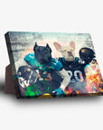 Personalized 2-pet standing canvas featuring a black dog and a cream French bulldog in football jerseys.