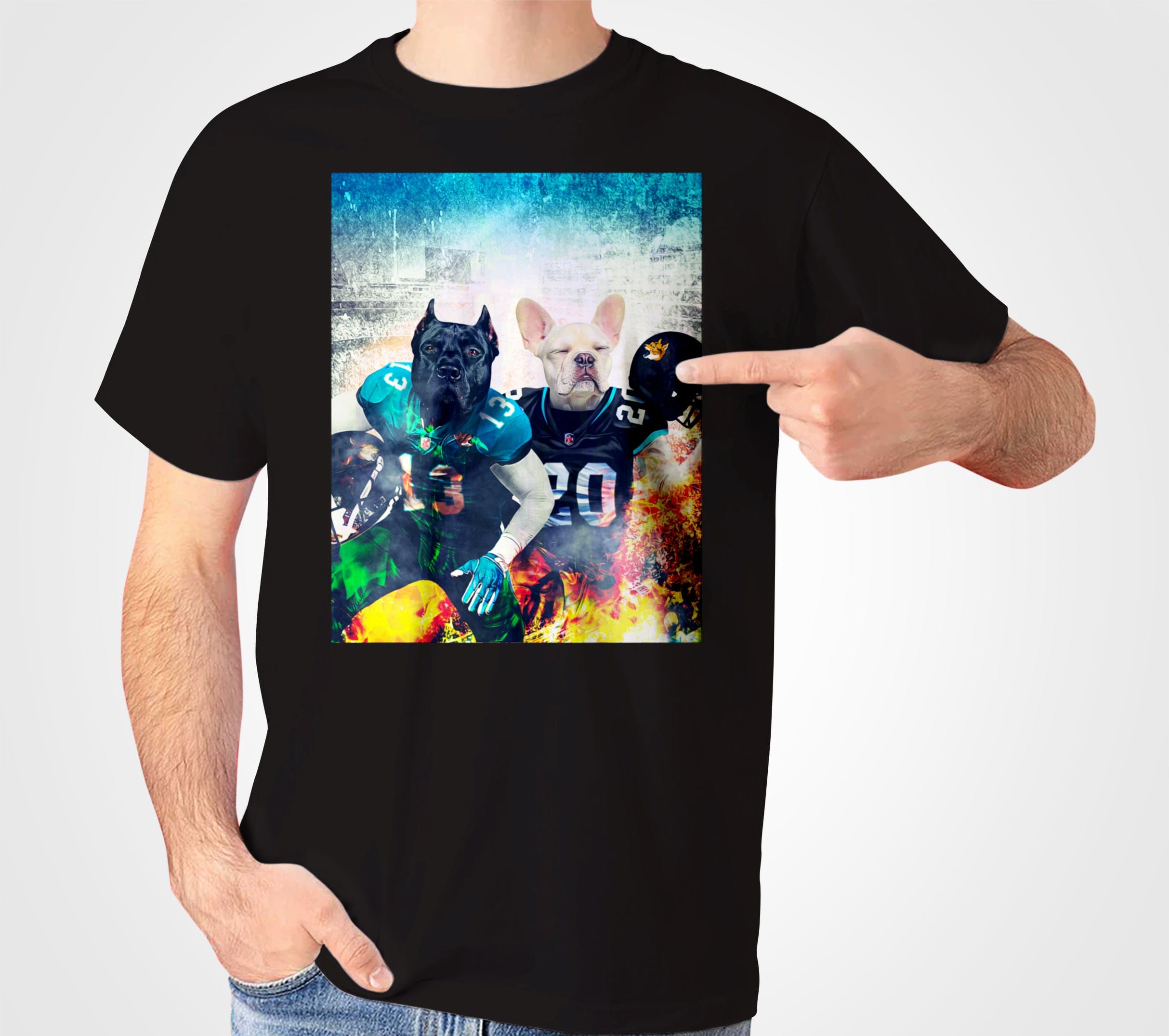 Black Gildan t-shirt featuring a personalized graphic of two pets dressed as football players.