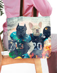 Personalized tote bag with two dog portraits in Jacksonville Doggos football uniforms.