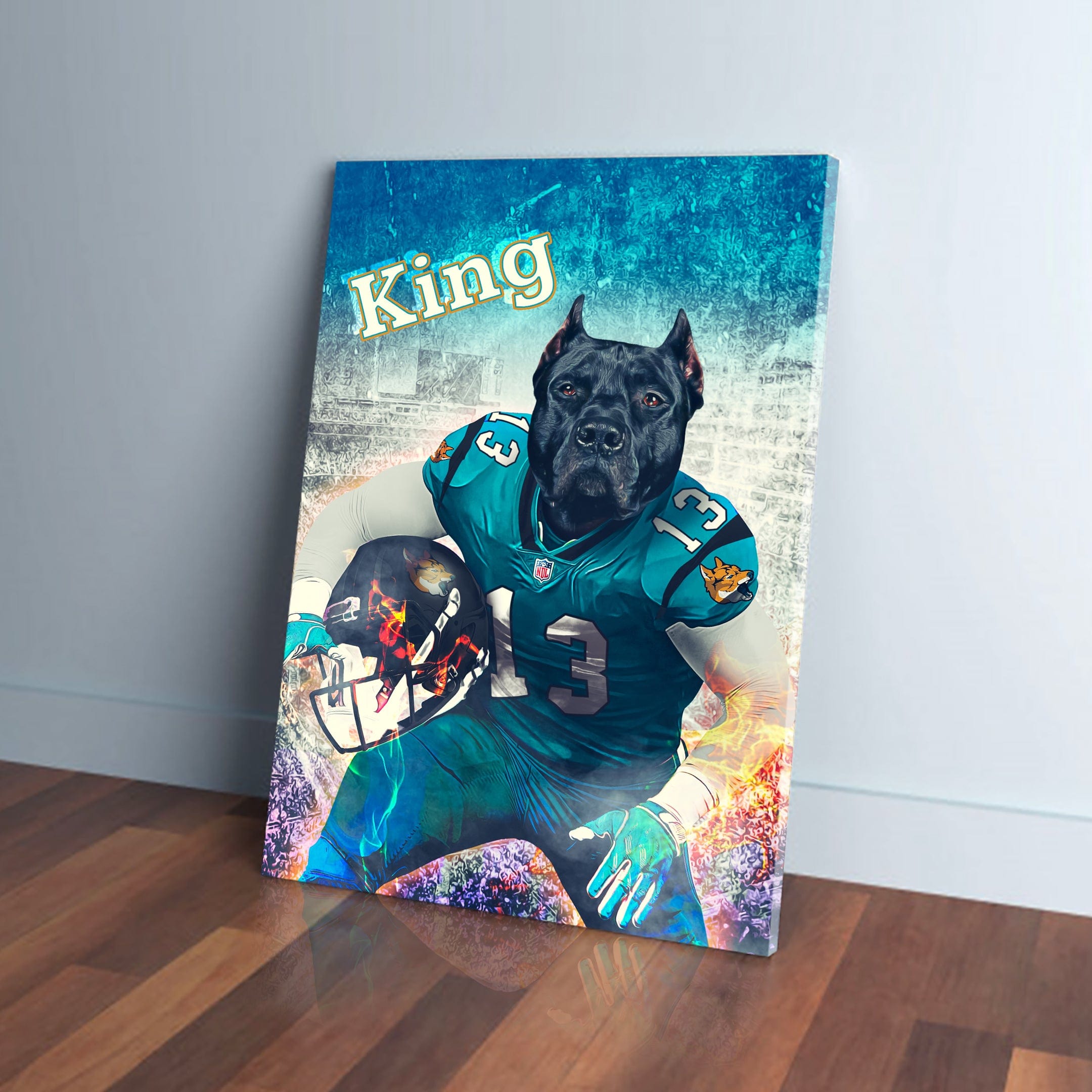 Personalized Jacksonville Doggos canvas featuring a black dog in a teal football uniform, holding a helmet.