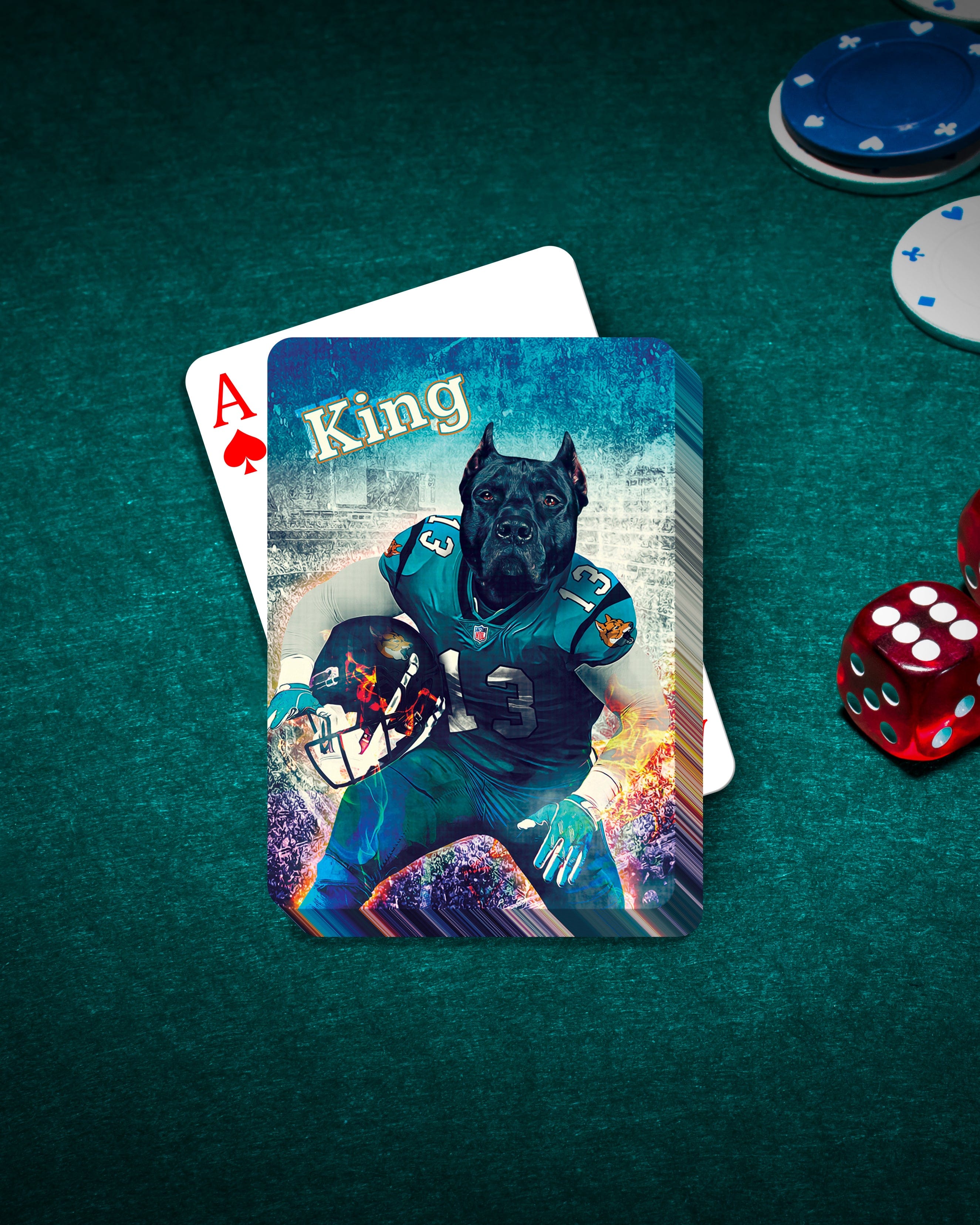Personalized playing card featuring a custom pet portrait of a black dog in a football uniform.