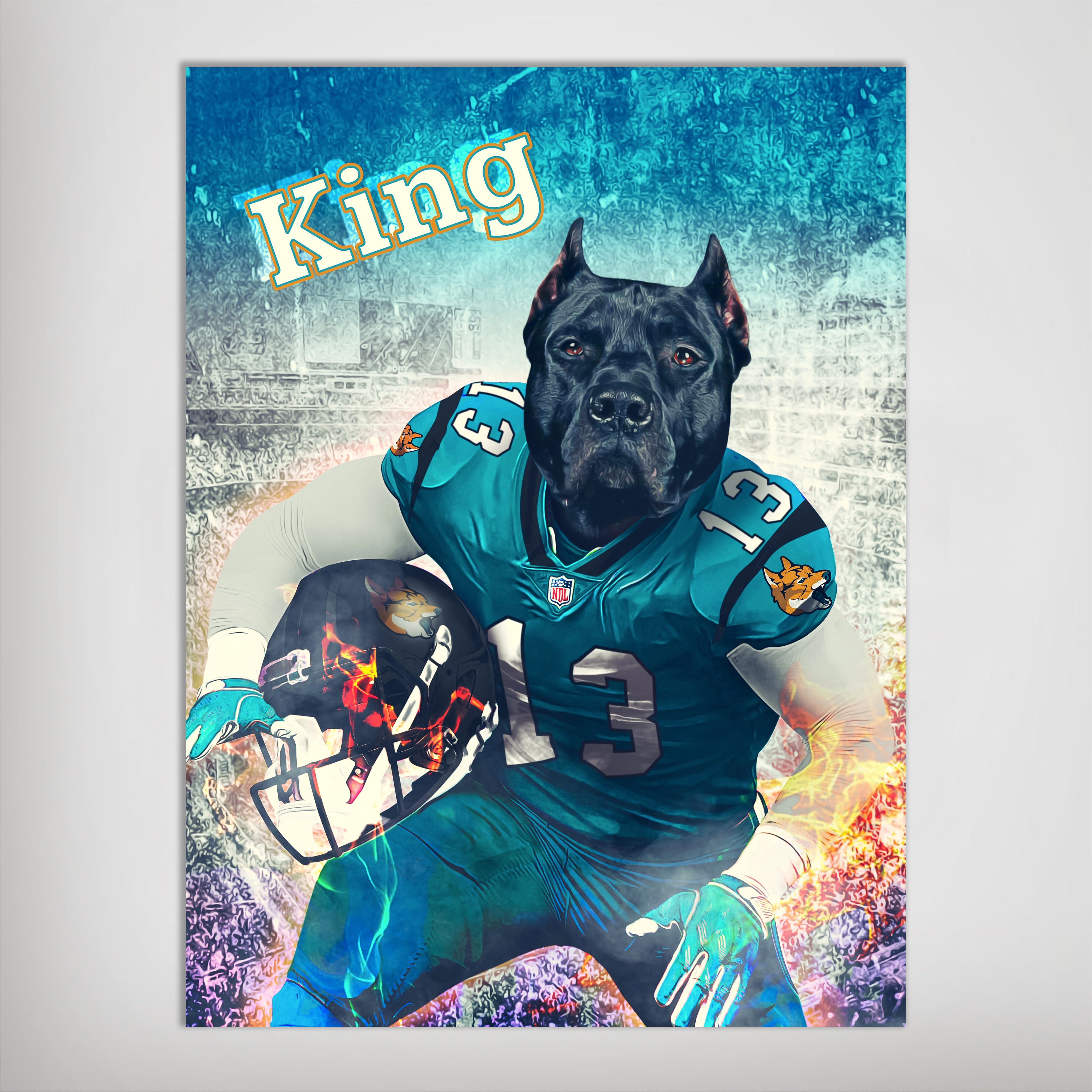 Personalized pet poster featuring a black dog in a teal football uniform, holding a flaming helmet, with "King" text.