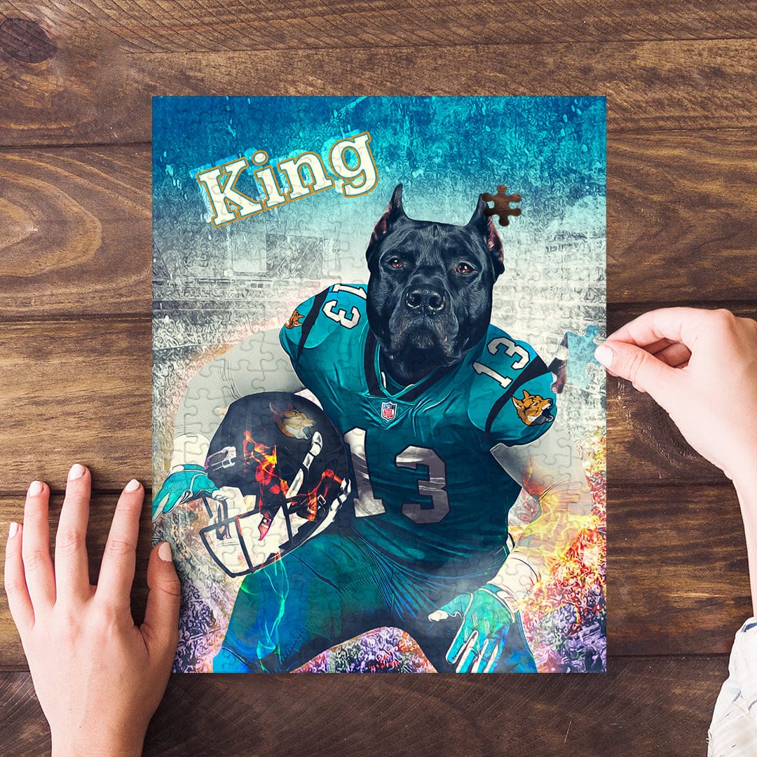 Personalized Jacksonville Doggos pet puzzle featuring a black dog in a football uniform.
