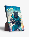 Personalized pet standing canvas featuring a black dog in a teal Jacksonville Doggos football uniform with "King" at the top.