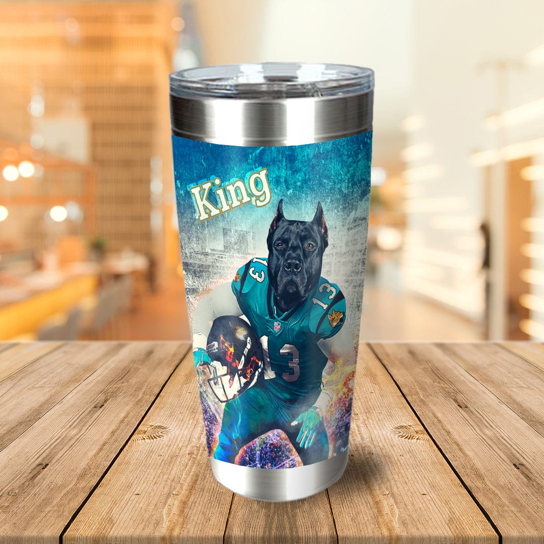 Personalized stainless steel tumbler with a custom dog portrait in a football uniform, named "King.