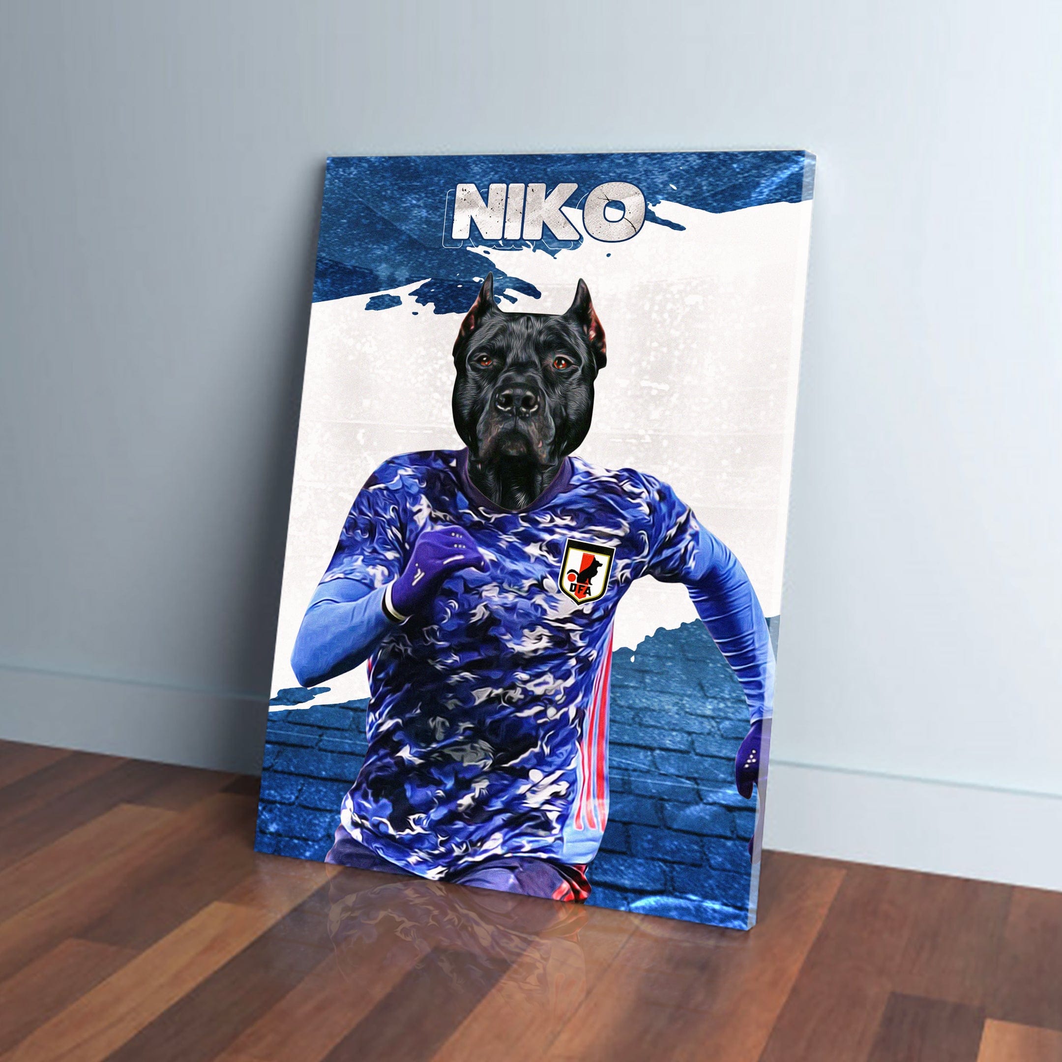Personalized pet canvas featuring a black dog's head on a running soccer player in a blue Japan jersey.