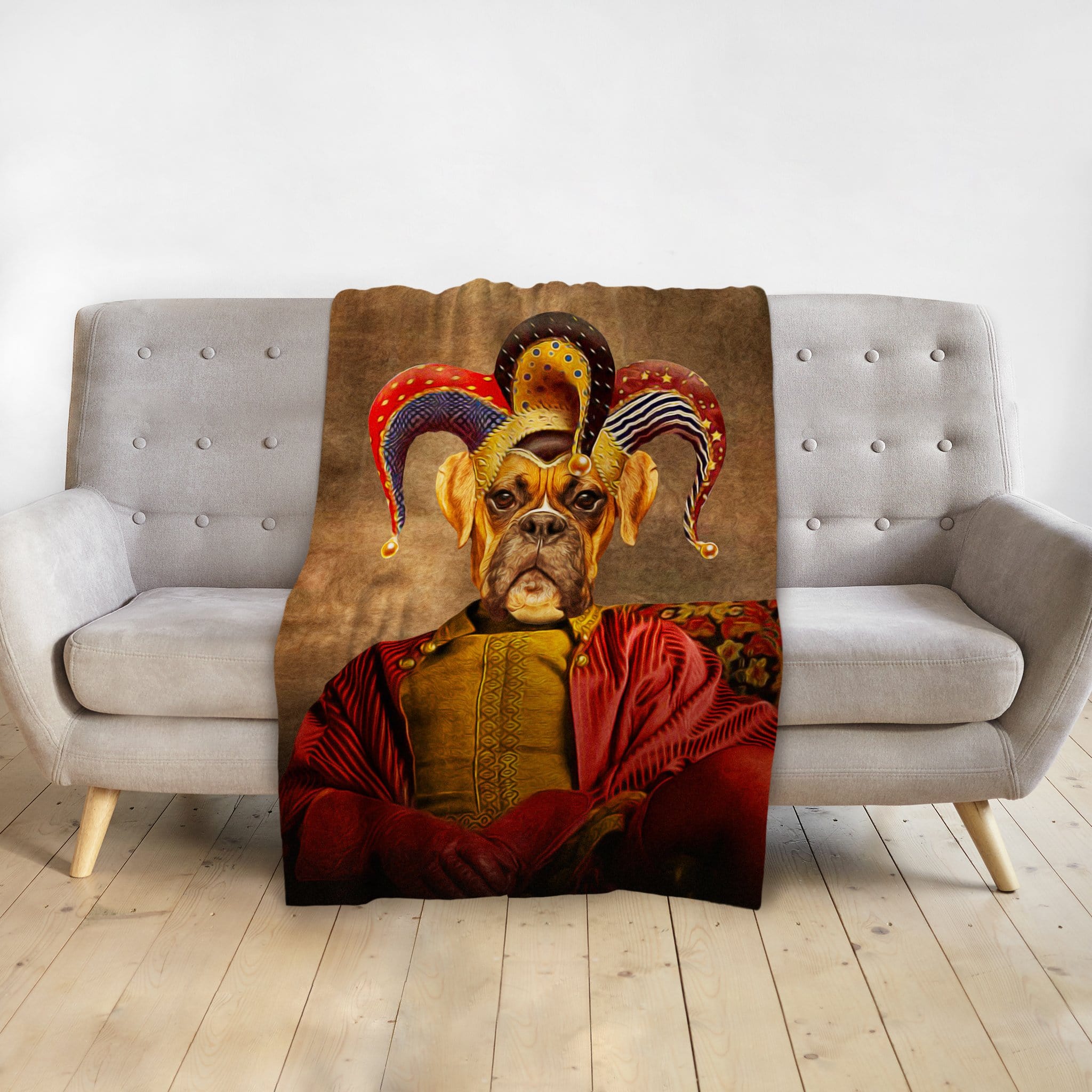 Personalized pet blanket with a boxer dog in a renaissance jester portrait.