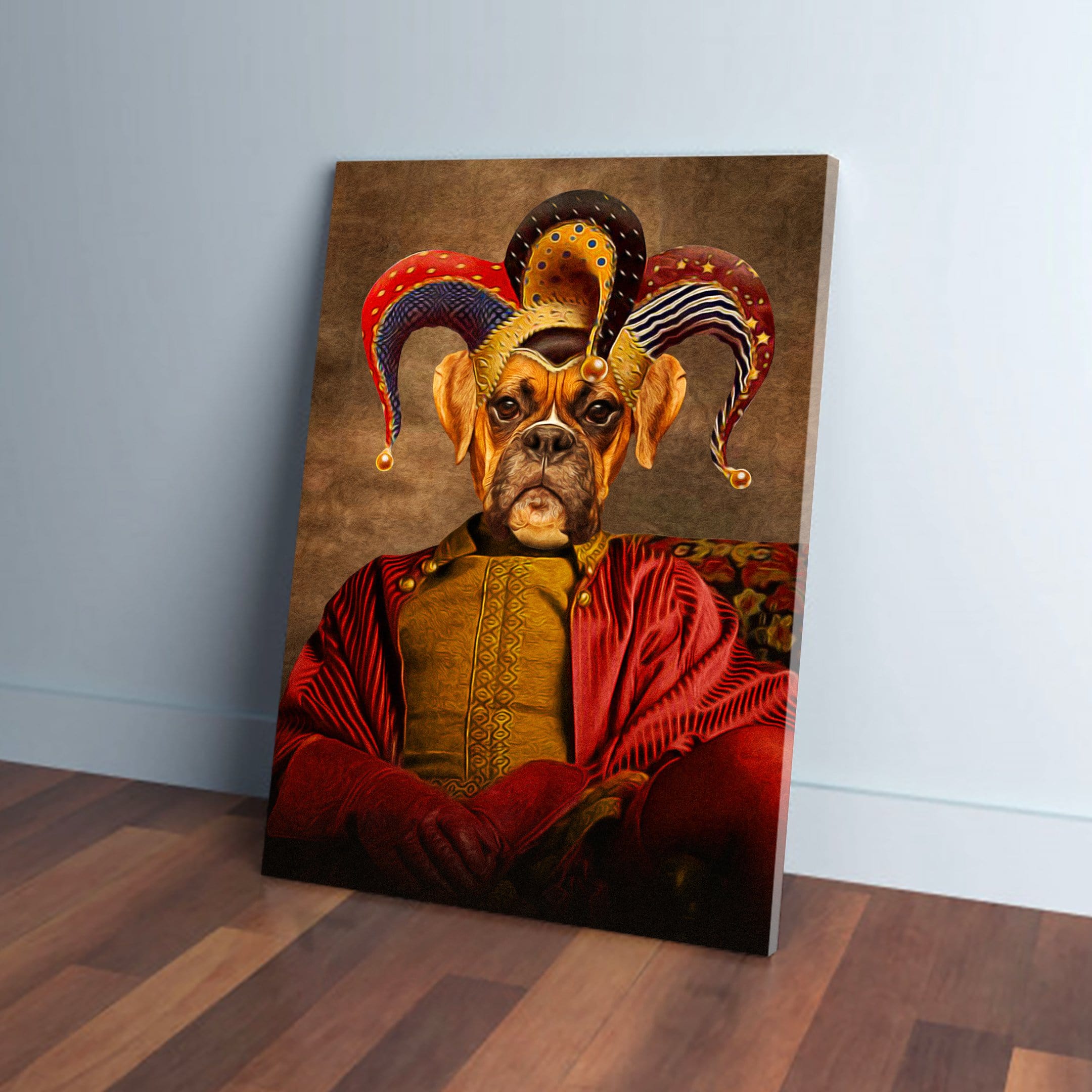 Personalized pet canvas featuring a boxer dog in a colorful jester hat and red robe.