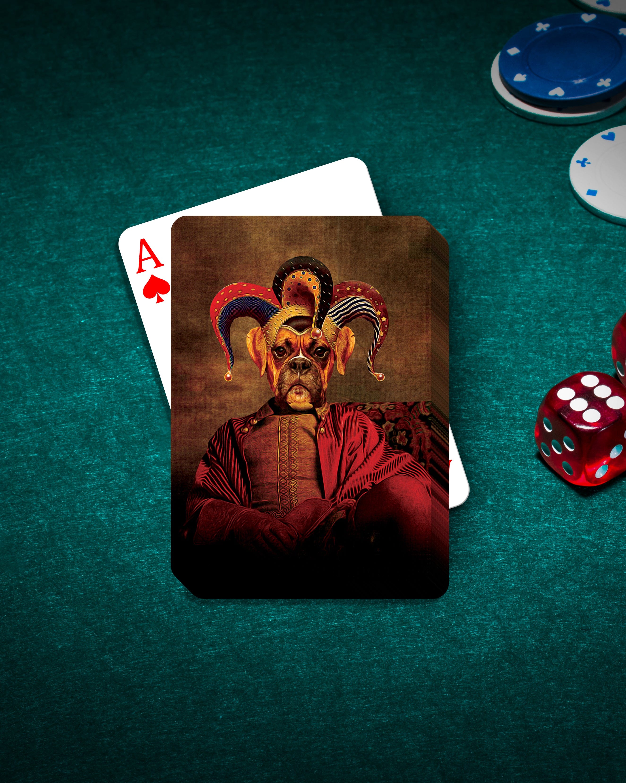 Personalized Jester Doggo playing cards with a custom pet portrait on a green felt table.