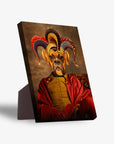 Personalized pet portrait canvas featuring a boxer dog in a colorful jester costume, with a sturdy stand.