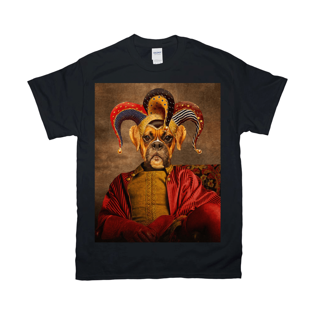 Black Gildan t-shirt featuring a personalized pet portrait of a dog dressed as a jester in a red robe.