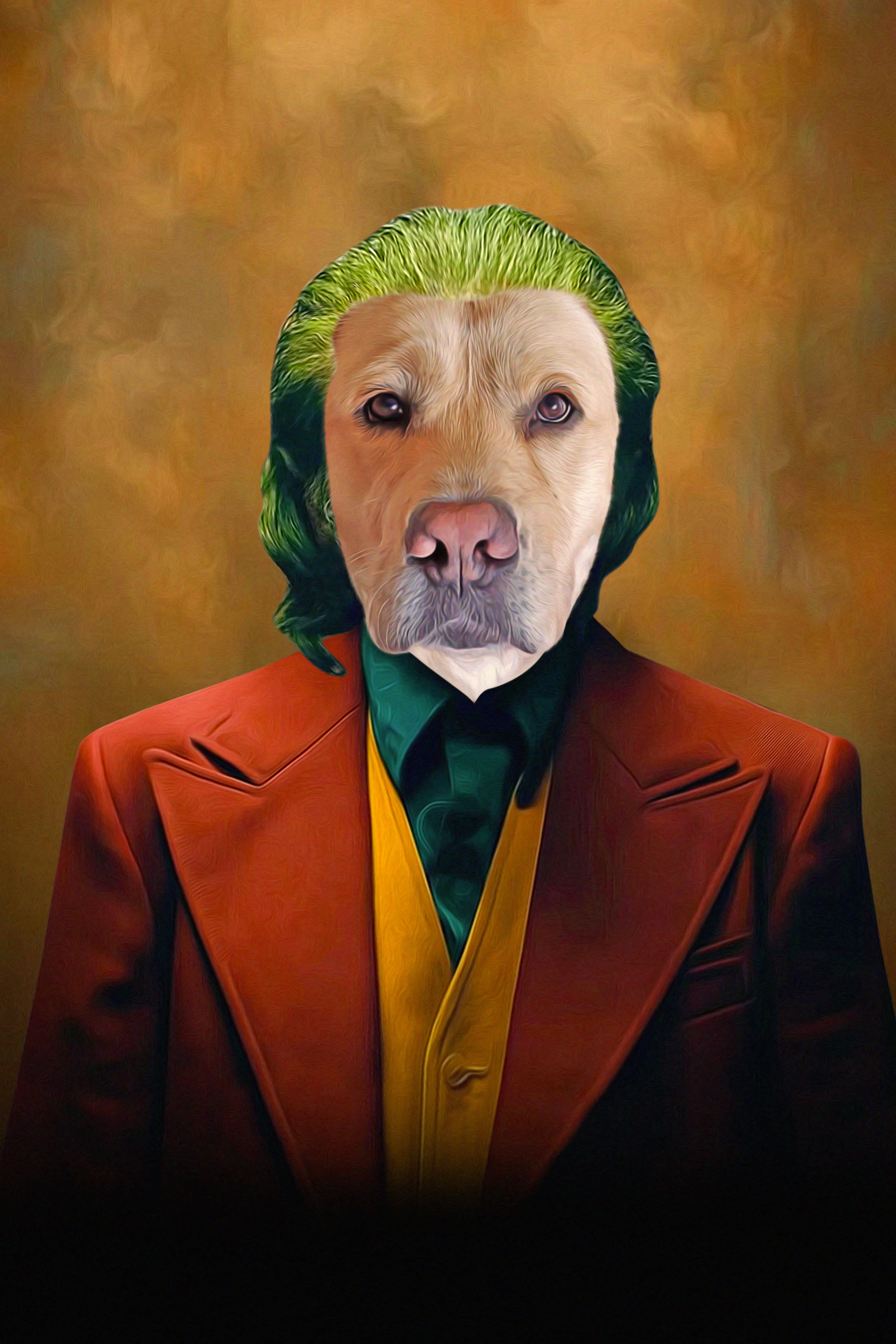 Personalized digital portrait of a dog's head on a Joker-style body with green hair and a red suit.